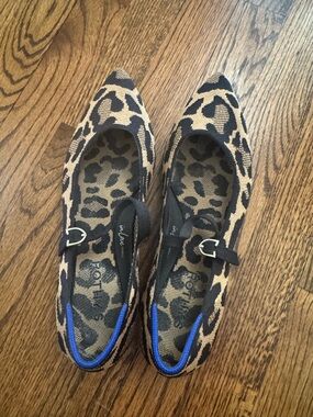 Rothy's Leopard Print Pointed Toe Flats with Strap - Black & Tan